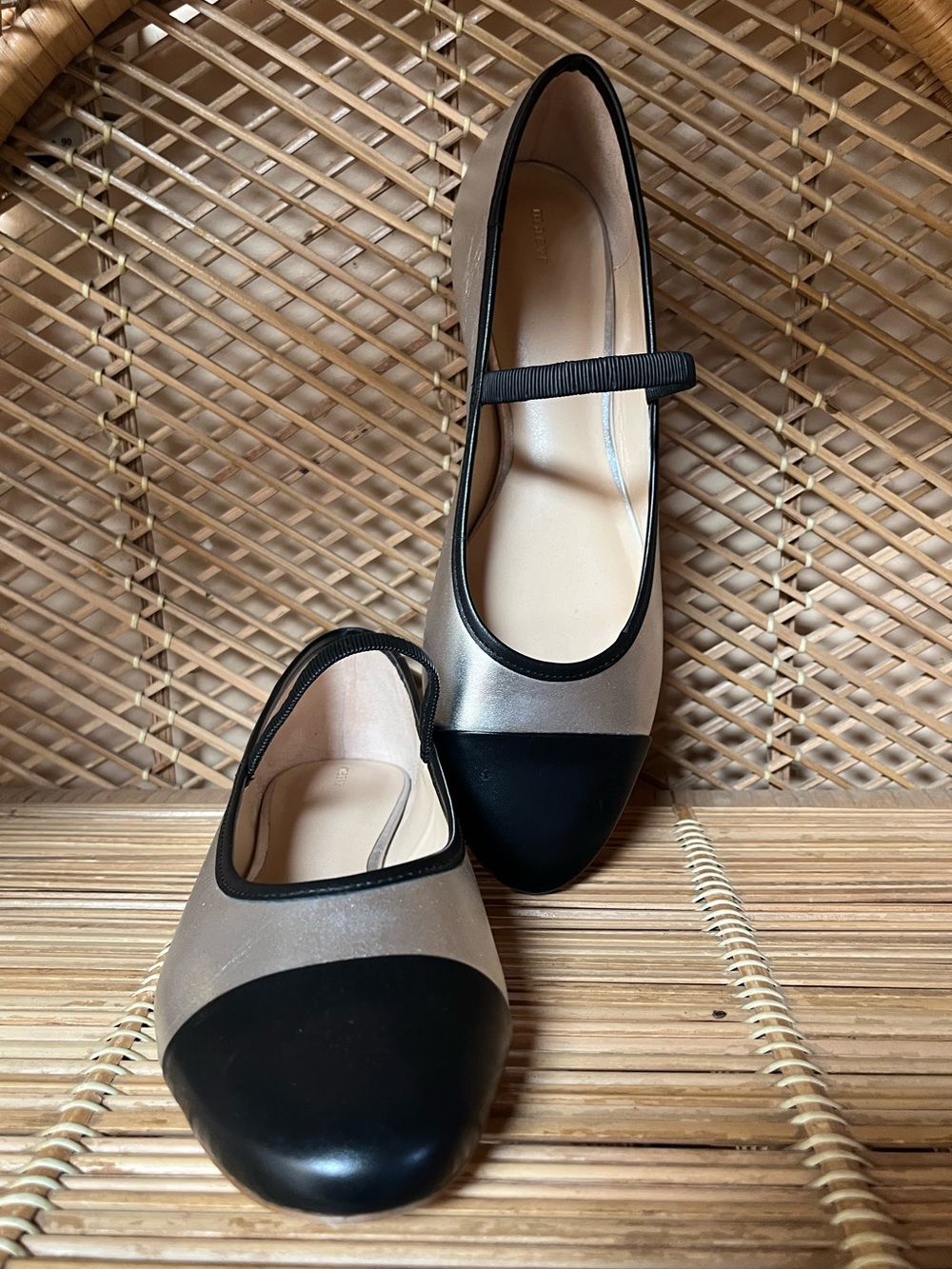 Anthropologie Maeve Silver with black cap tie ballet flat